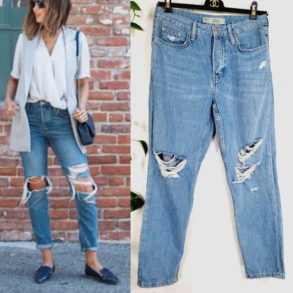 Topshop Denim - TOPSHOP Mid Blue Washed Denim Straight Cut Jeans 26 High Rise Ripped Distressed